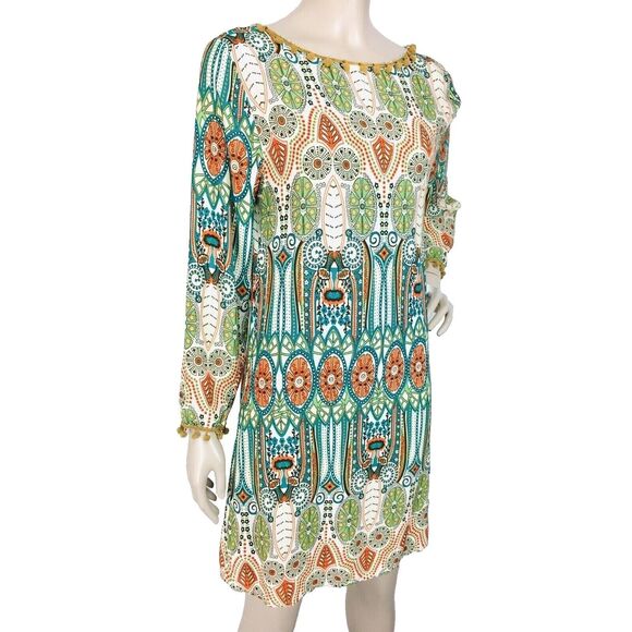Pom-Pom Fringe Trim Retro Art Deco V-Back Boho Tunic Dress Size Small - Picture 1 of 6